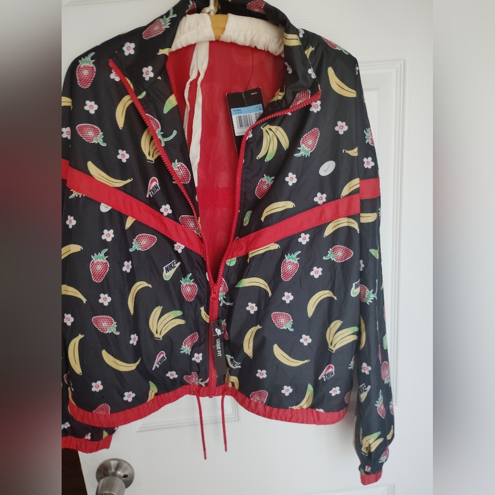 Nike Women's Black Windbreaker Jacket 🍓 🍌 Fruit Loose Fit Drawstring Rare 🆕 M